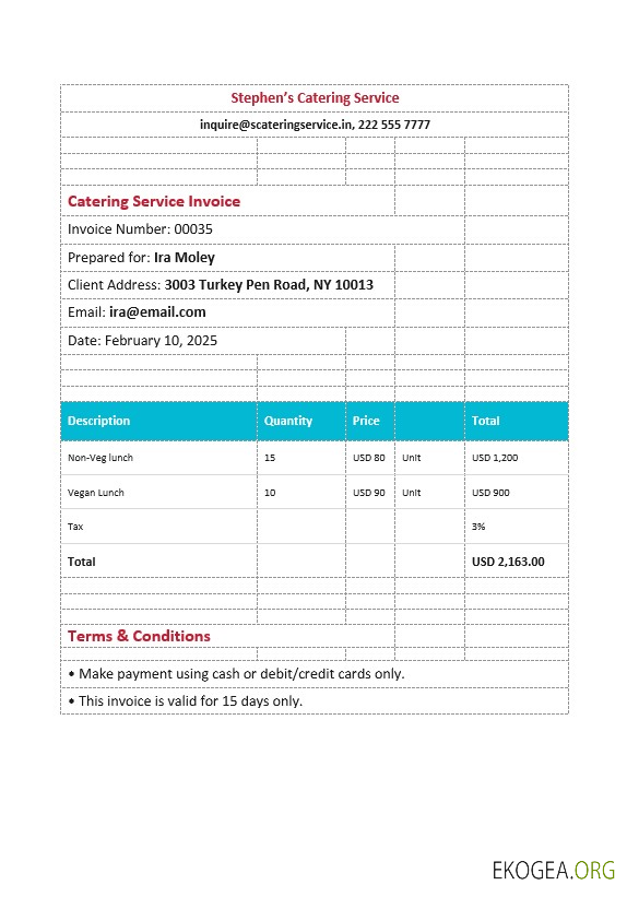 Modèle de facture de service de restauration modifiable